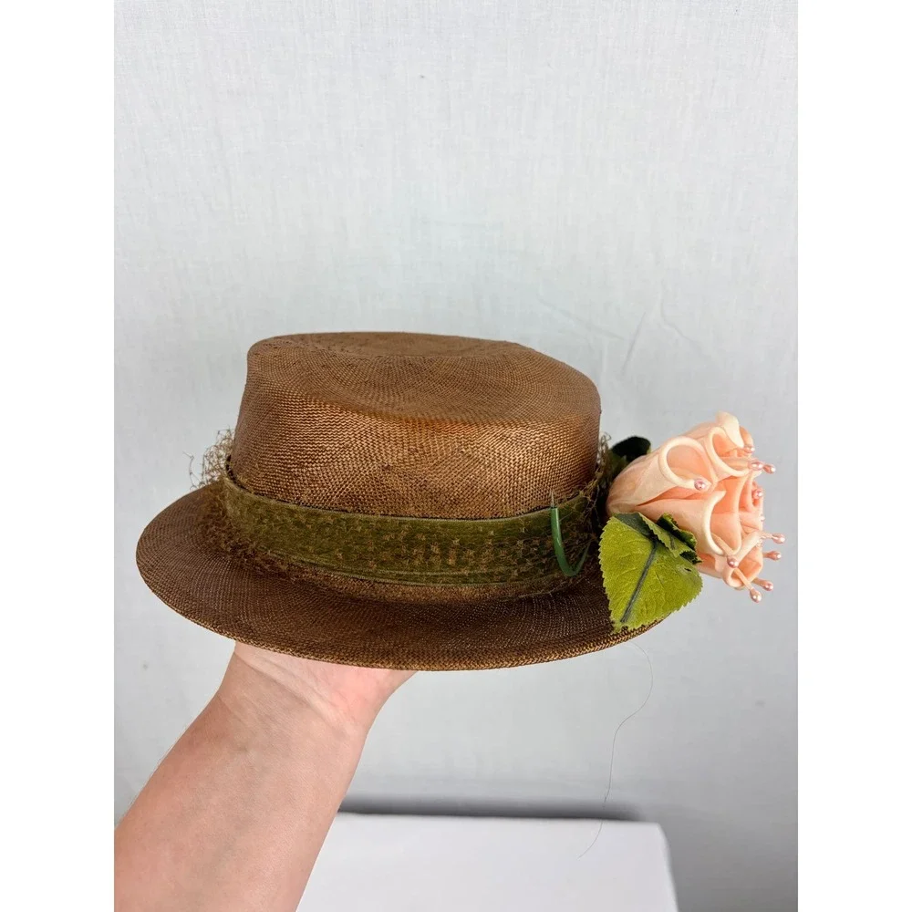 Vintage B.B. Smith & Co Bronze Woven Straw Boater Hat Floral Pearl Trim Kentucky